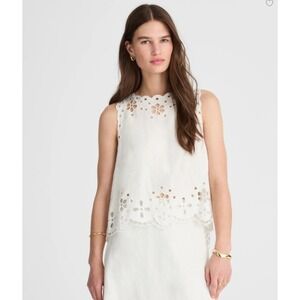 Madewell Top Womens Small Embroidered Eyelet High Low Tank Ivory Linen NV191